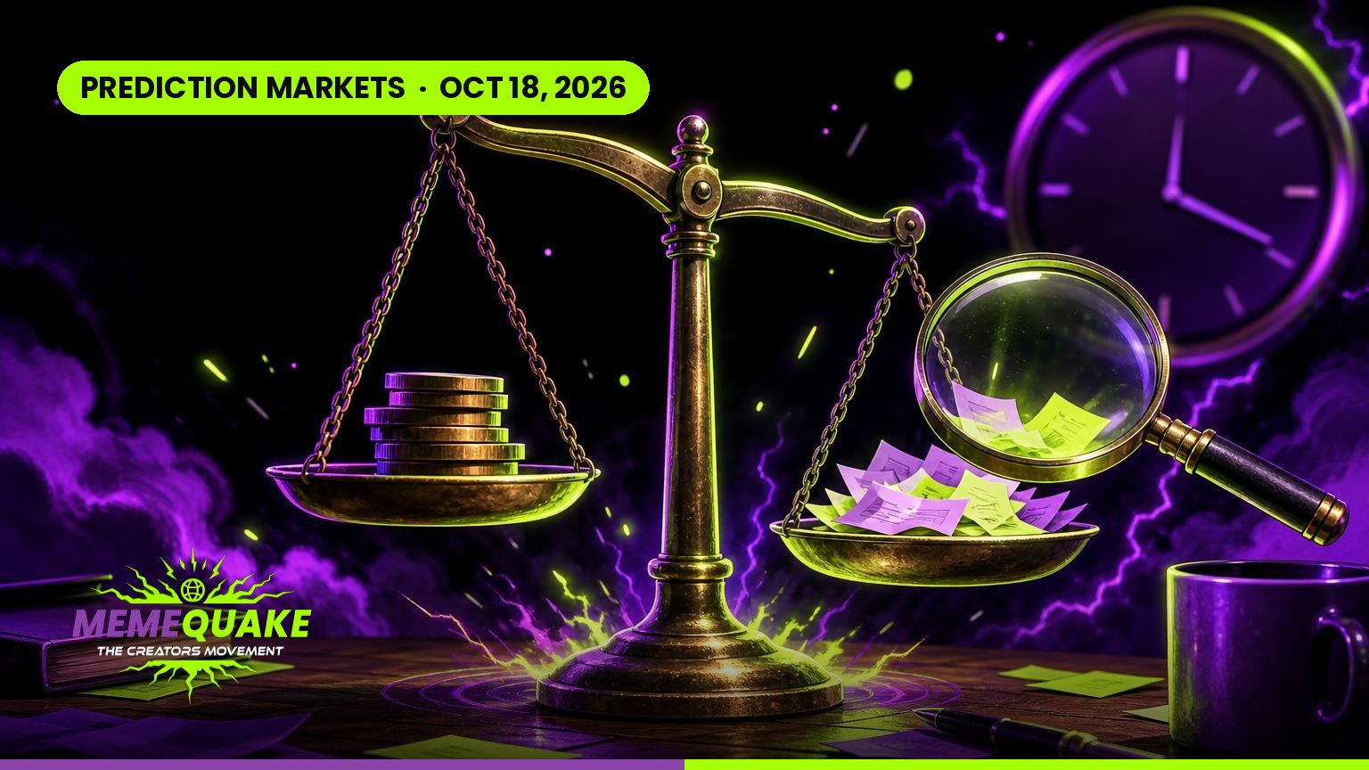 Brass scale weighing coins against paper slips under a magnifying glass, representing reading prediction market odds