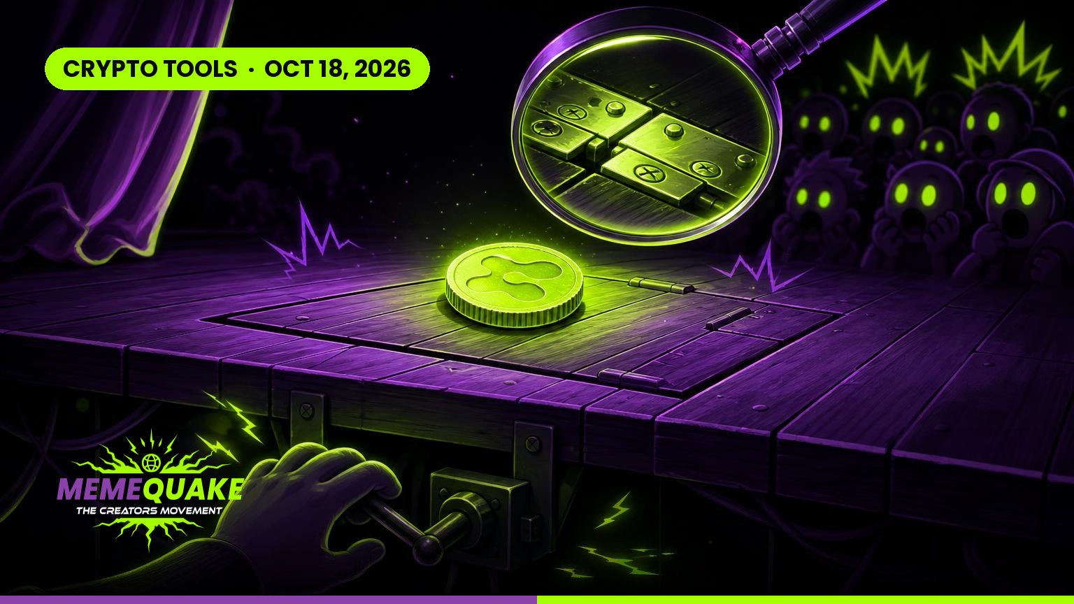 Coin balanced on a hidden trapdoor with a magnifying glass revealing the hinges, illustrating a memecoin rug pull