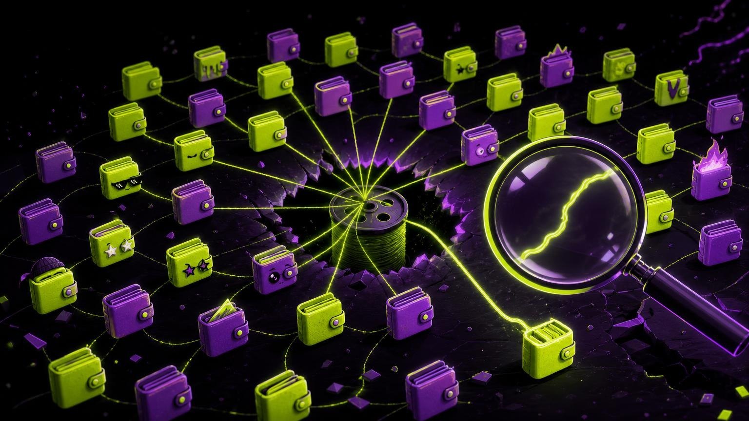 Grid of wallets connected by threads to one hidden spool, showing token holder concentration clusters