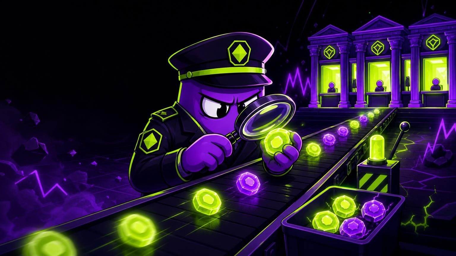 Officer inspecting tokens on a conveyor, illustrating stablecoin fraud screening by Mastercard