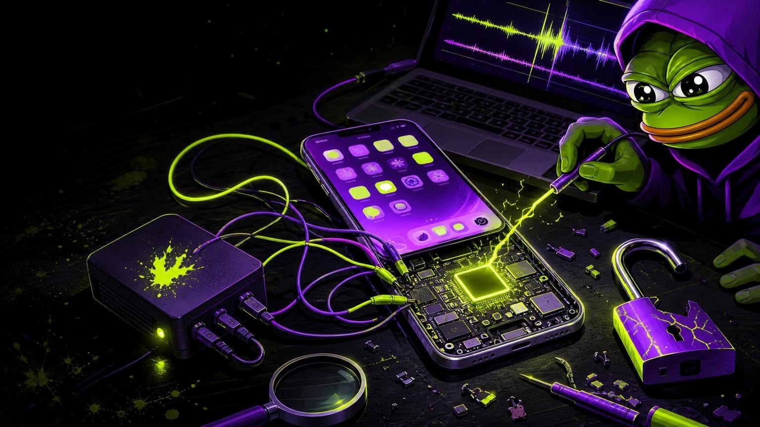 Opened Android phone on a workbench running a hacked iOS home screen