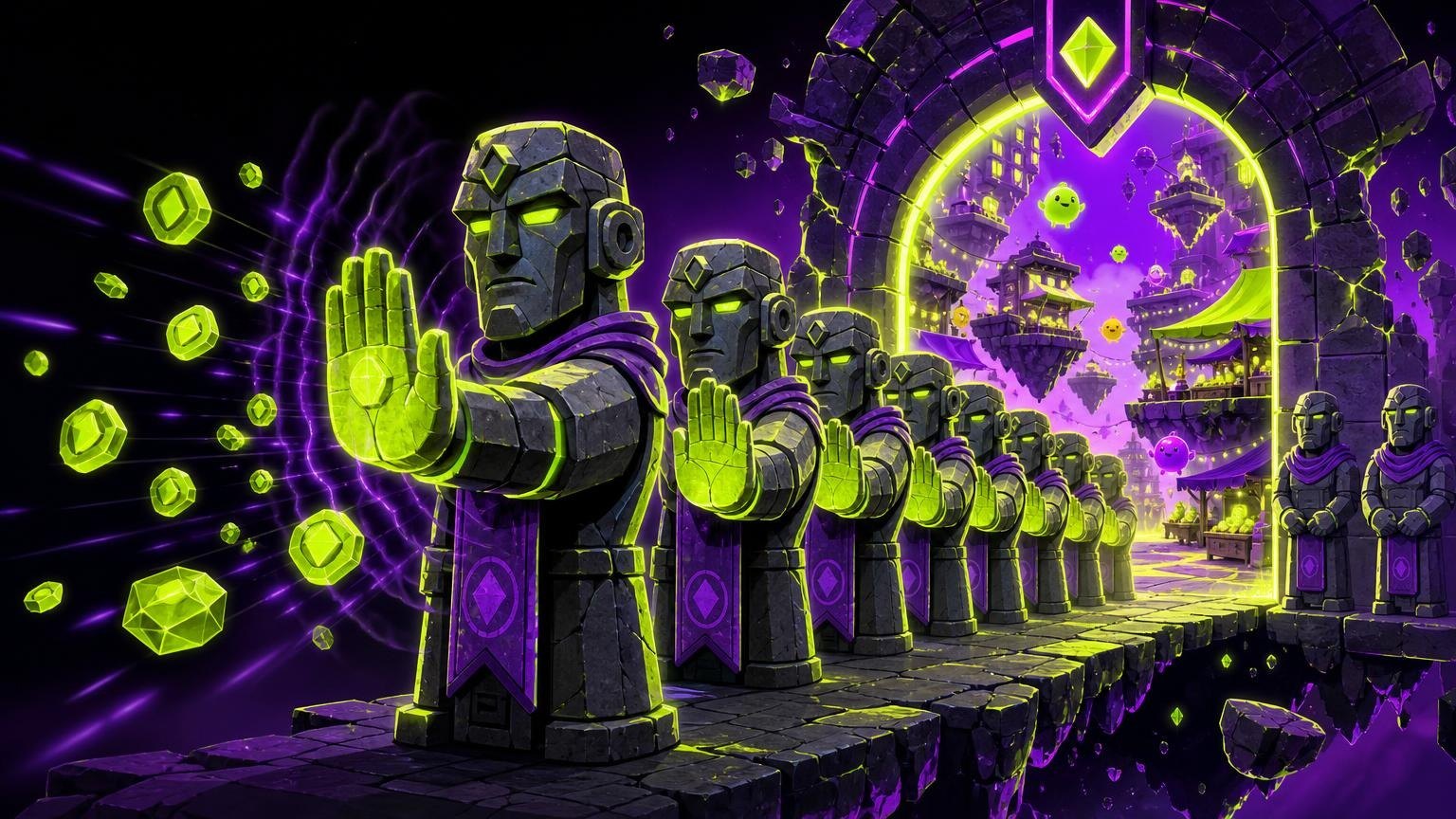 Gatekeepers blocking tokens at a marketplace entrance, illustrating issuer objections to tokenized stock trading