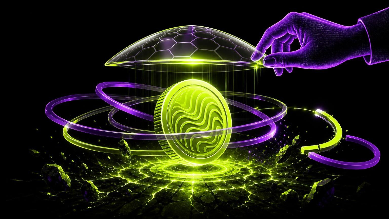 A protective shield over a coin with rotating rings, representing a bitcoin managed protection ETF