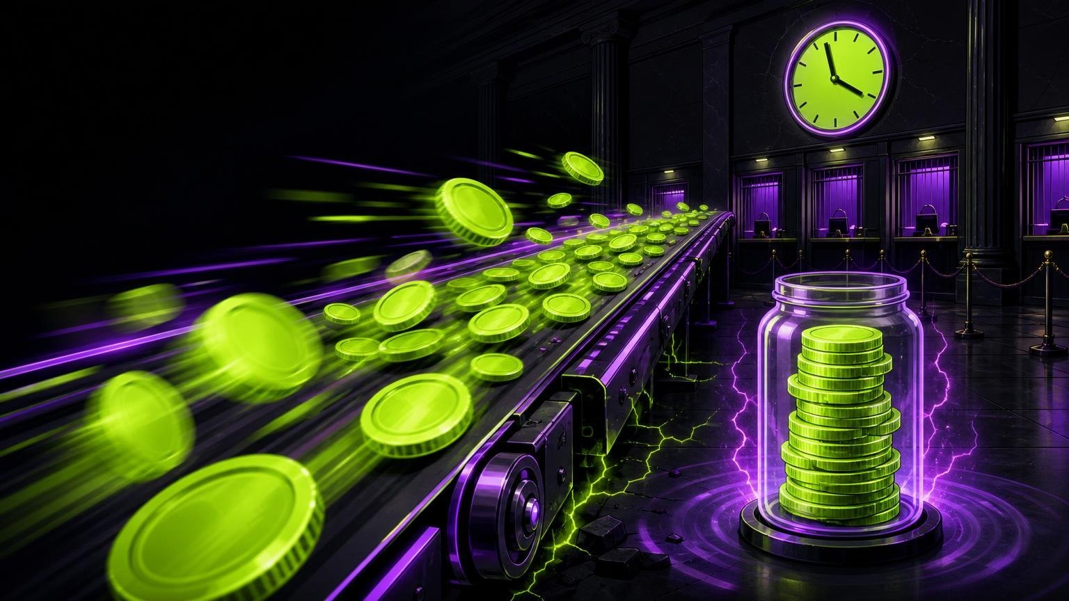 Coins racing along a conveyor in an empty bank while a jar stays full, illustrating stablecoin volume