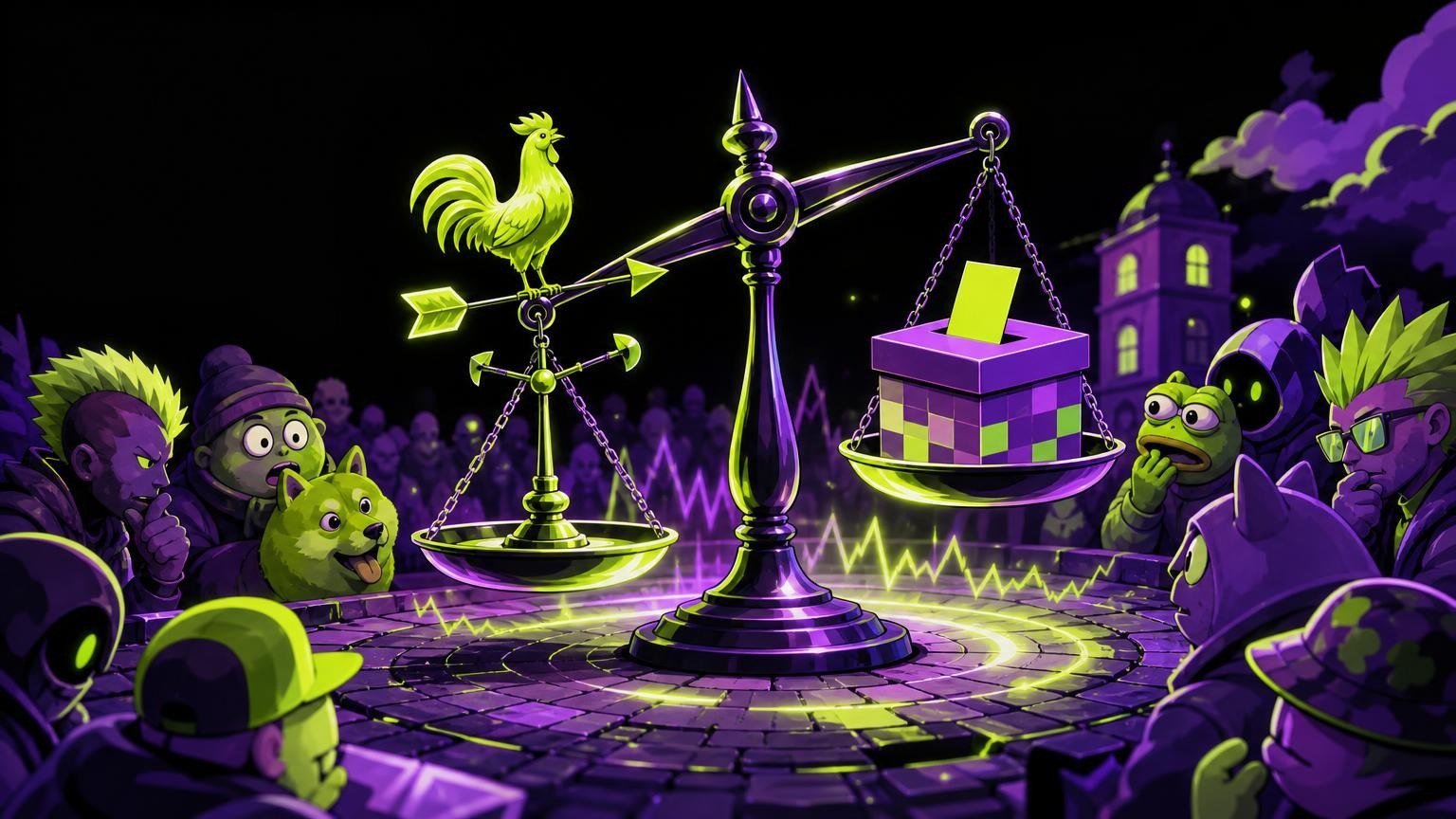 Weather vane and ballot box on a balance scale, representing prediction markets versus polls