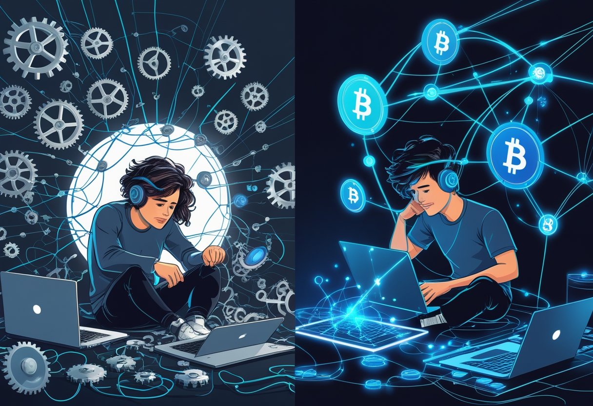 A content creator frustrated by broken digital platforms on one side, and empowered by a bright, connected decentralized network on the other side.