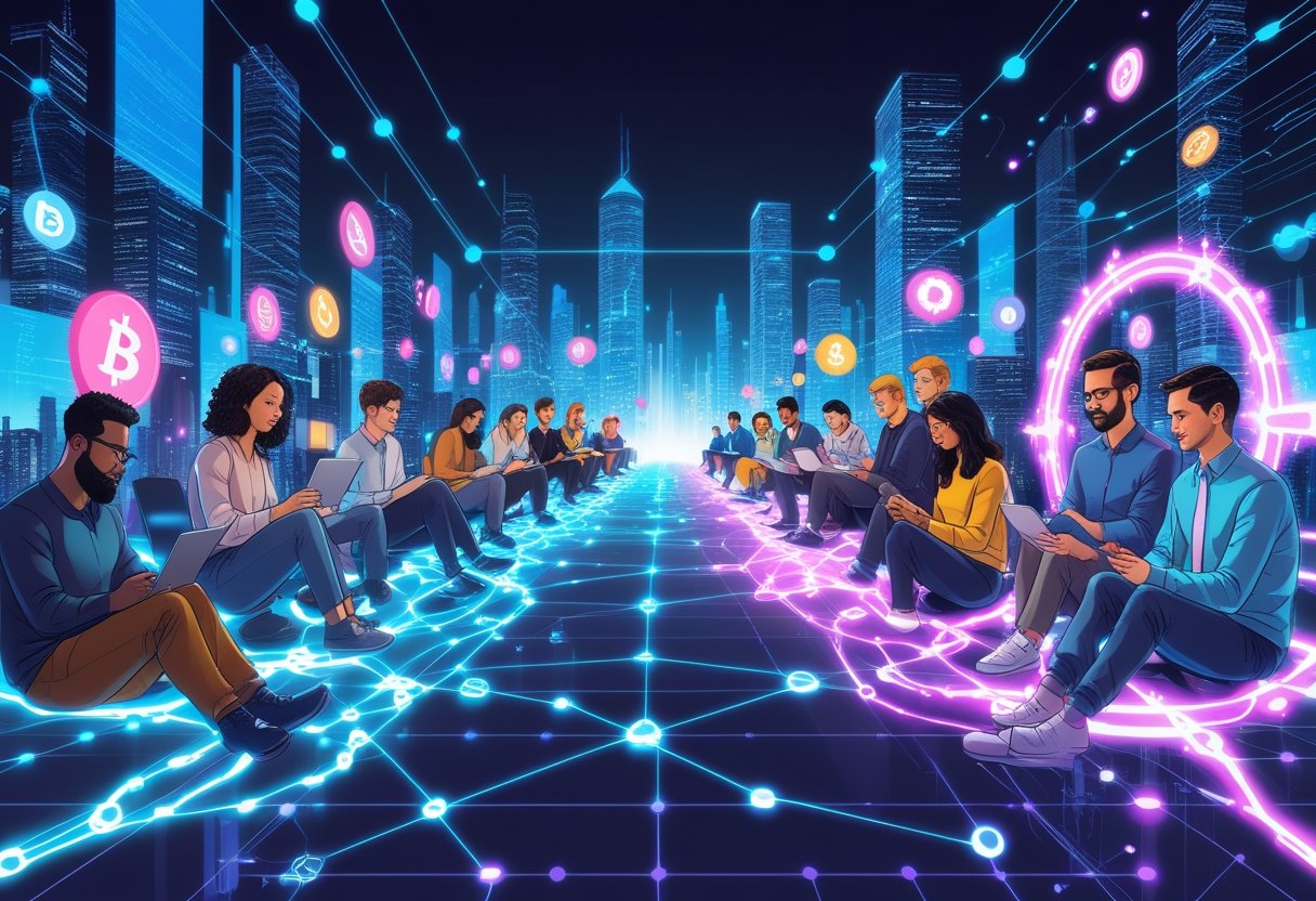 A group of digital creators connected by glowing networks, with broken chains on one side and vibrant blockchain symbols on the other, representing the shift from a broken creator economy to a Web3-powered system.