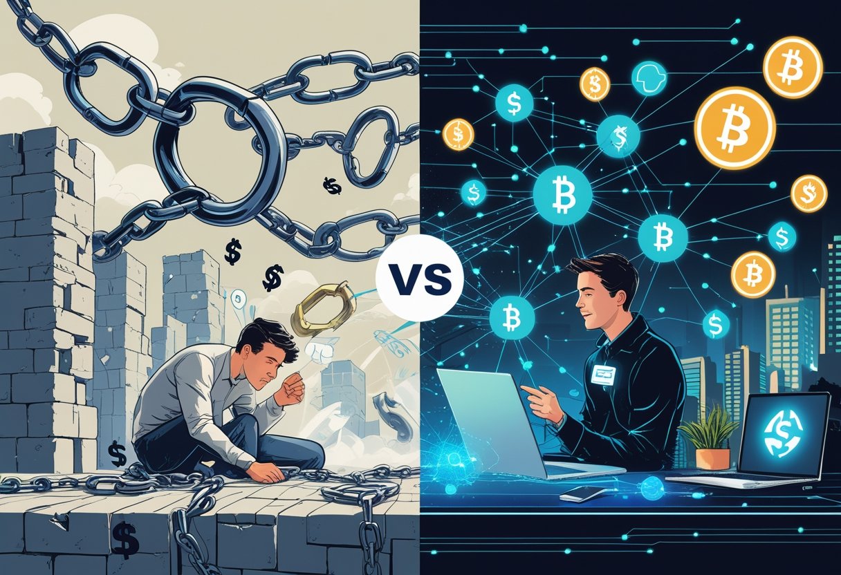 An illustration showing a frustrated creator facing barriers and corporate control on one side, and the same creator empowered and connected to a decentralized digital network on the other side.