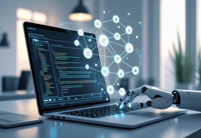 A digital workspace showing a laptop with code and AI-generated content icons, a robotic hand typing on a keyboard, and abstract data streams symbolizing AI quietly taking over content creation.