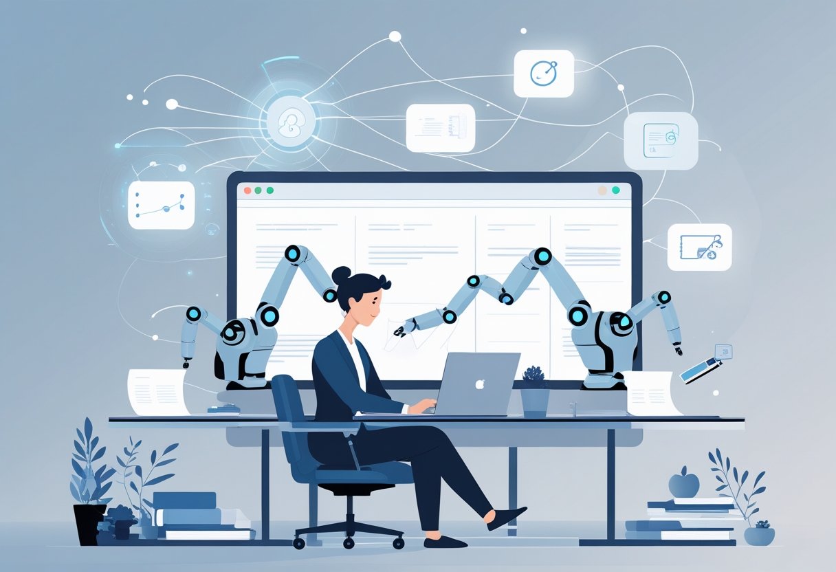 A person working at a desk with a laptop, surrounded by robotic arms and digital patterns symbolizing AI assisting in content creation.