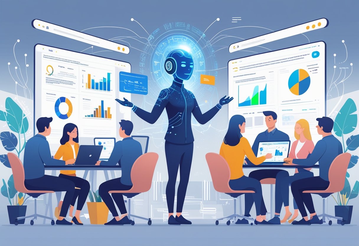 A group of people working together with a holographic AI assistant projecting data and creative content ideas in a modern office setting.