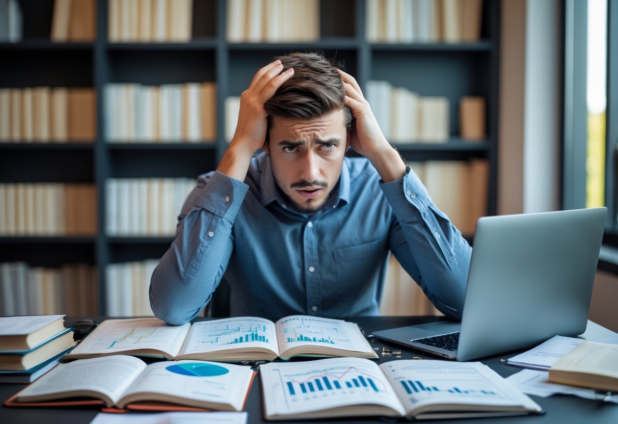 A young adult looking confused and frustrated while sitting at a desk surrounded by open books, a laptop with charts, and scattered notes.