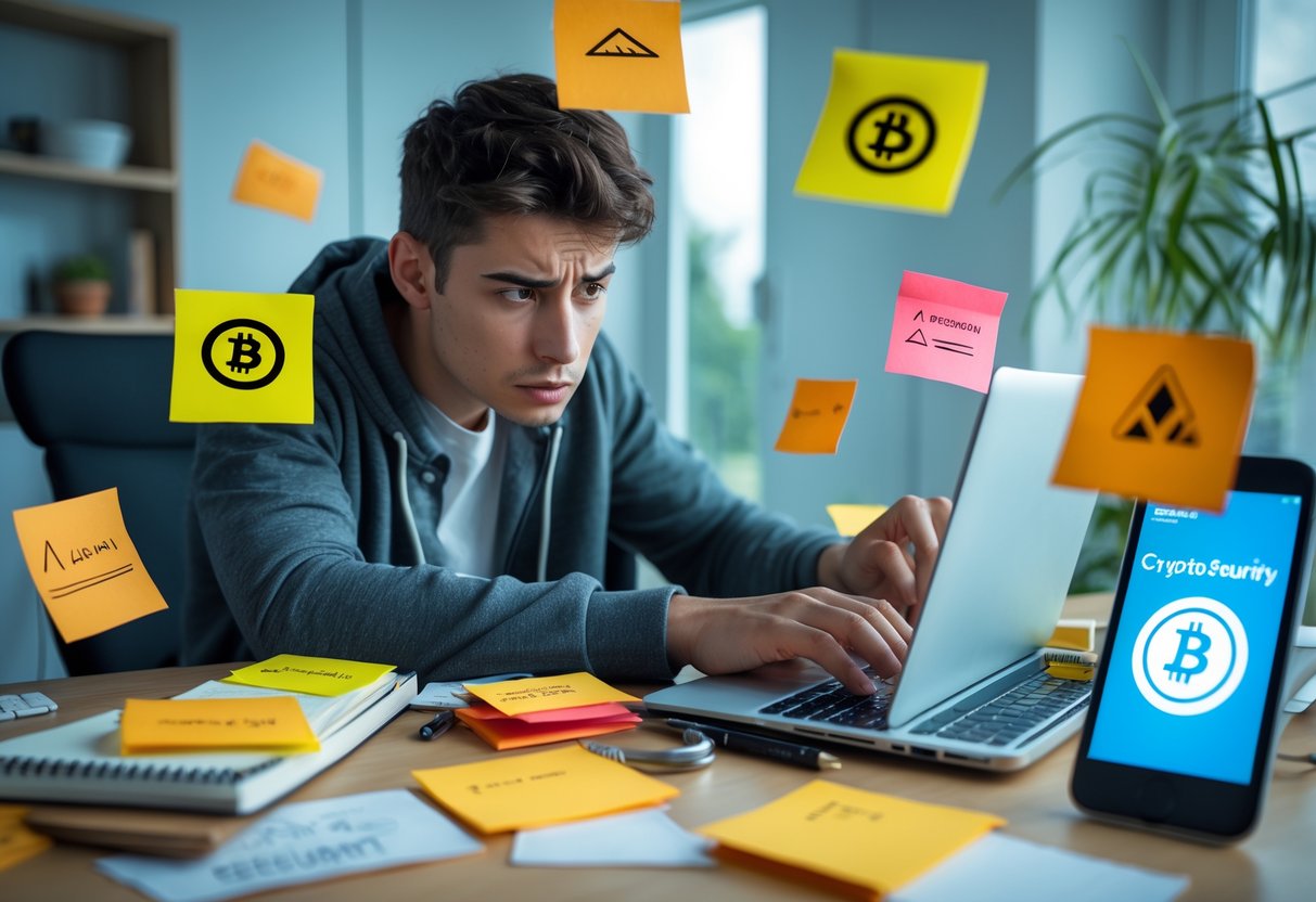 A young adult at a cluttered desk looking stressed while using a laptop with passwords on sticky notes and an unlocked smartphone showing a crypto wallet app.