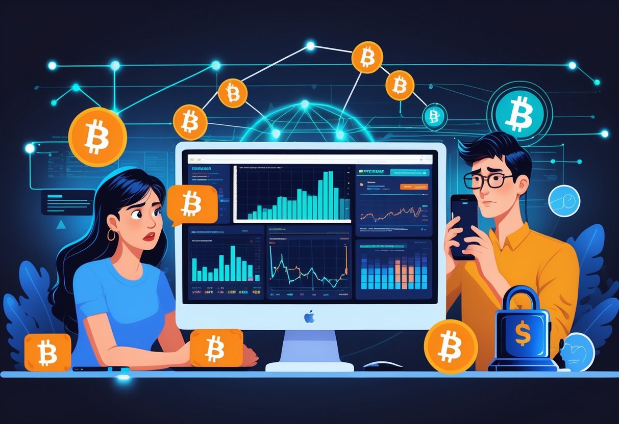 People interacting with cryptocurrency tools, showing common beginner mistakes like confusion, sending to wrong addresses, and security risks in a digital workspace.