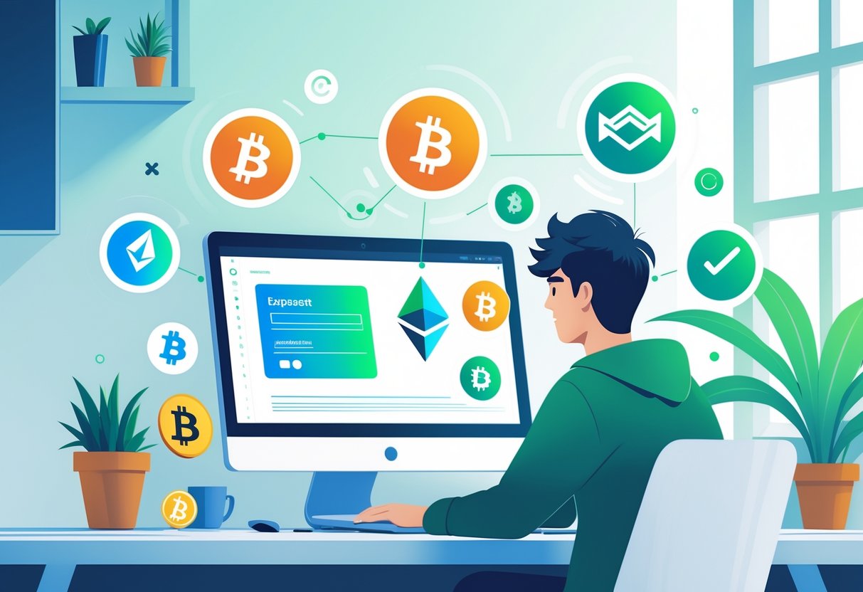 A person at a desk with a laptop surrounded by digital cryptocurrency symbols and icons representing common beginner mistakes to avoid.