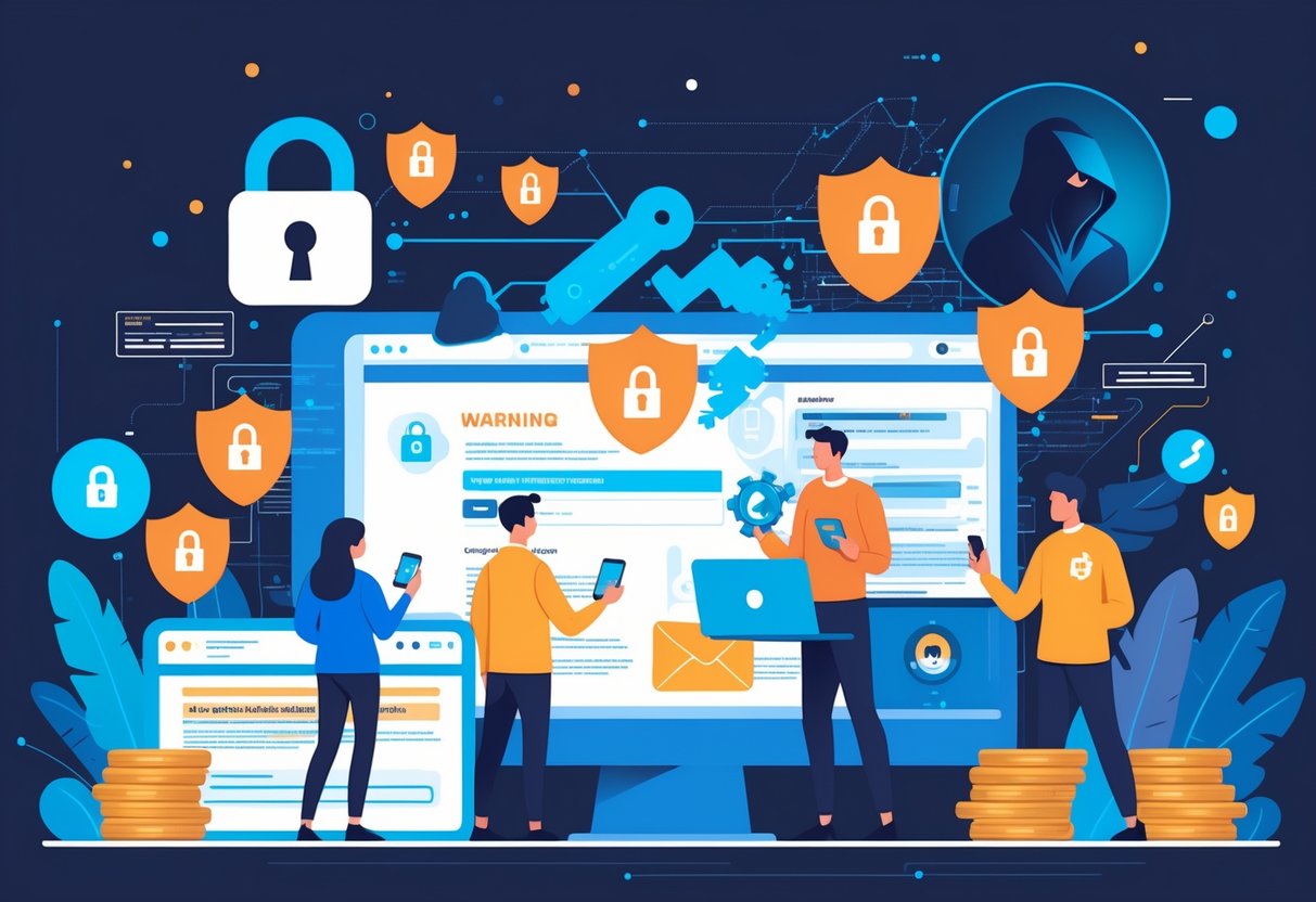 People using digital devices with symbols of security risks like broken locks, phishing emails, and a hacker figure in the background, illustrating common cryptocurrency mistakes beginners should avoid.