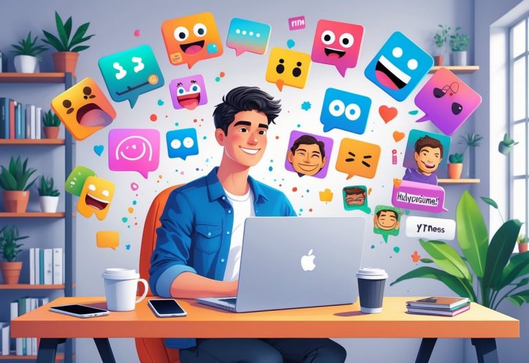 A person working at a desk with a laptop surrounded by floating meme images in a home office.