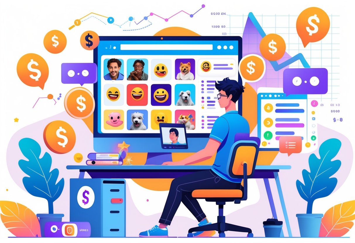 A person working at a desk with a computer showing memes and social media icons, surrounded by symbols of online earnings like dollar signs and notification bubbles.