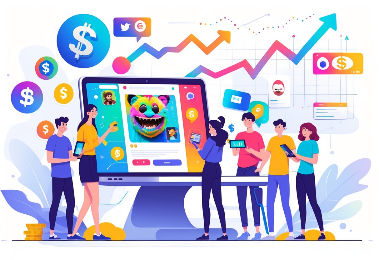 A group of people working together around a laptop displaying a meme, surrounded by icons representing social media and digital earnings.