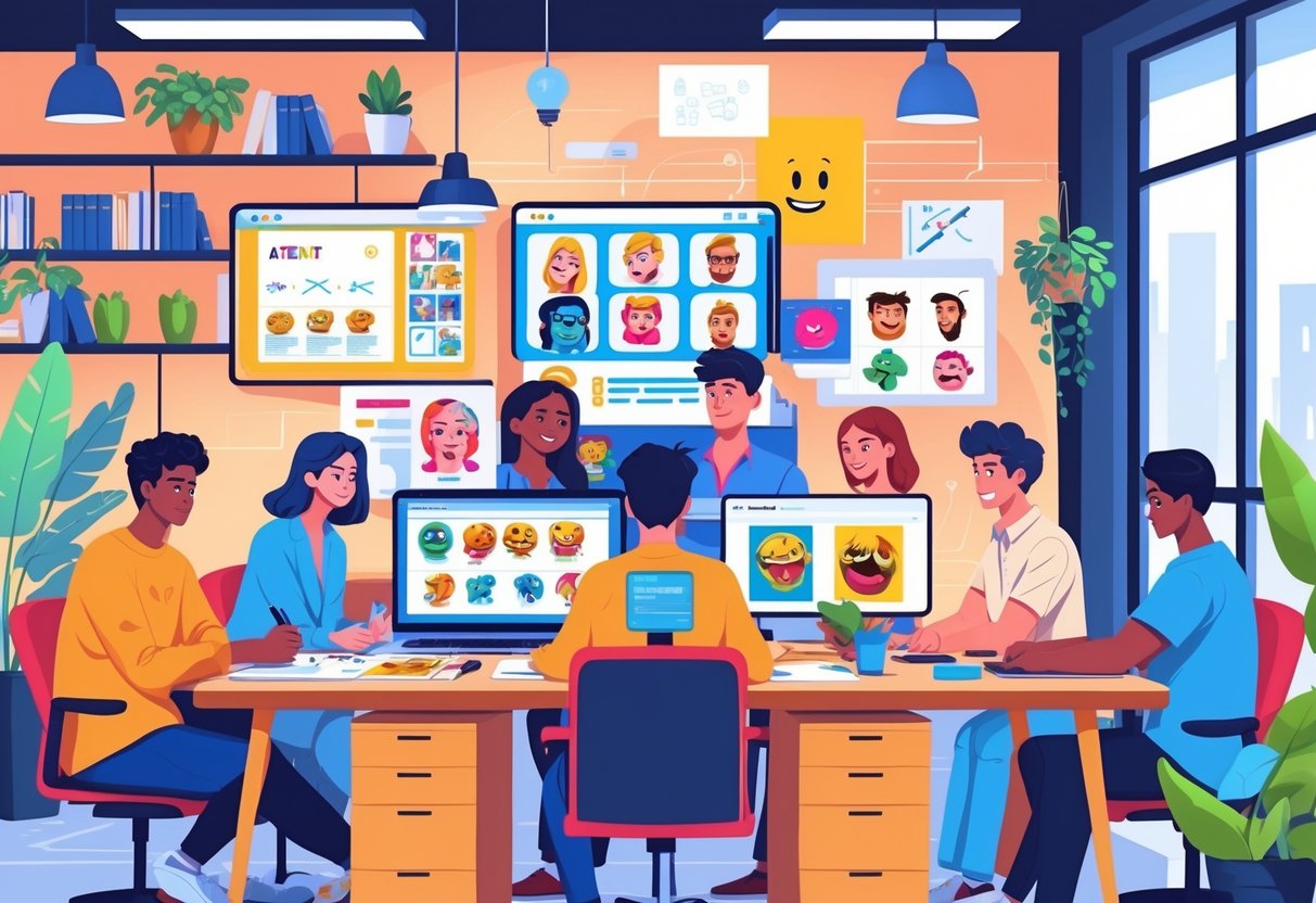 A group of people working together at a desk with laptops and tablets, creating digital images in a bright office setting.