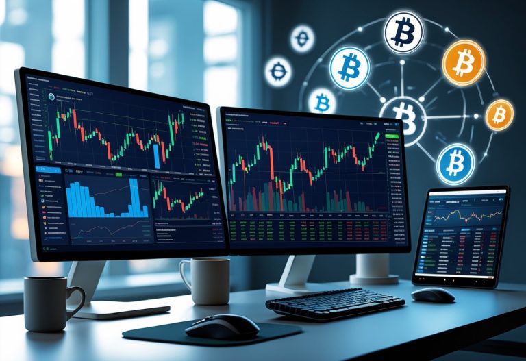 A modern workspace with multiple screens showing cryptocurrency charts and trading data, surrounded by digital devices and holographic cryptocurrency symbols.