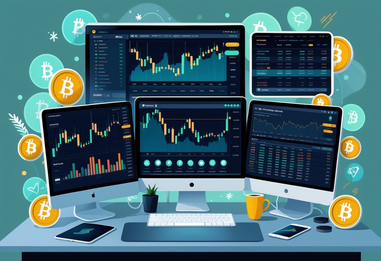 A workspace with multiple monitors displaying cryptocurrency charts and trading dashboards, surrounded by icons of popular cryptocurrencies.