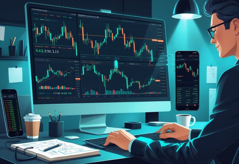 A person analyzing multiple crypto trading charts on a computer monitor at a tidy desk with a smartphone, notebook, and coffee cup nearby.