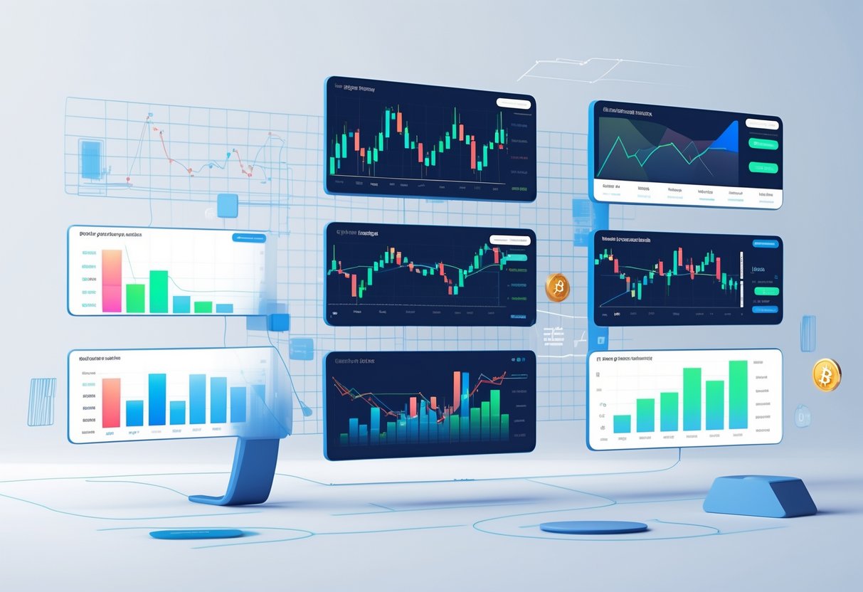 Multiple digital screens showing different types of cryptocurrency trading charts with candlesticks, line graphs, and volume bars surrounded by abstract blockchain and cryptocurrency symbols.
