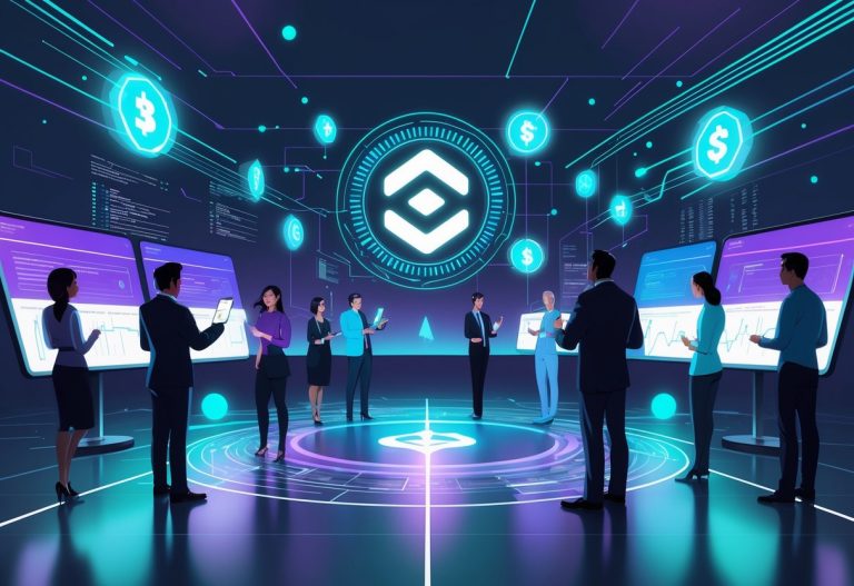 A digital workspace showing people interacting with holographic displays and floating digital tokens around a glowing Solana logo, representing NFT minting and blockchain technology.