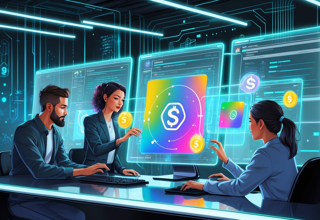 A group of people working at a futuristic computer setup with holographic screens showing digital art and blockchain data related to Solana NFT minting.