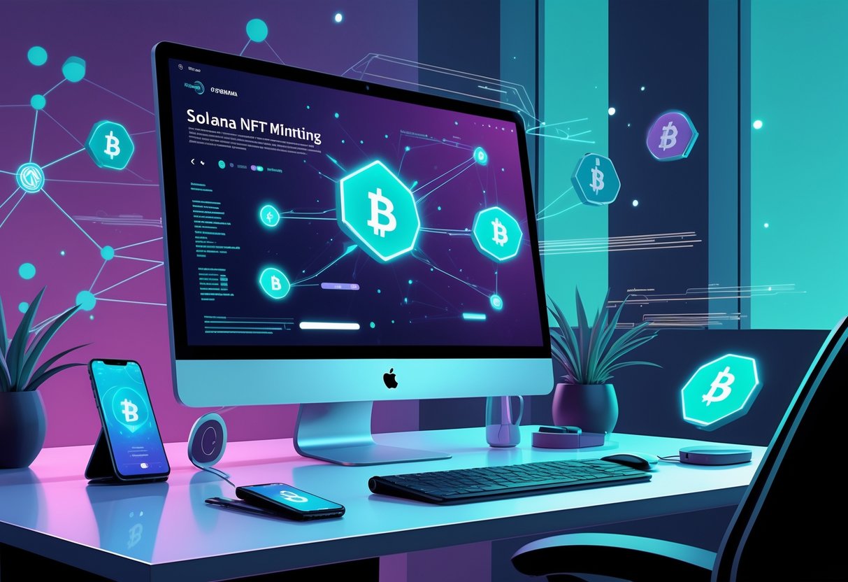 A workspace with a computer, smartphone, and digital graphics representing Solana NFT minting and blockchain technology.