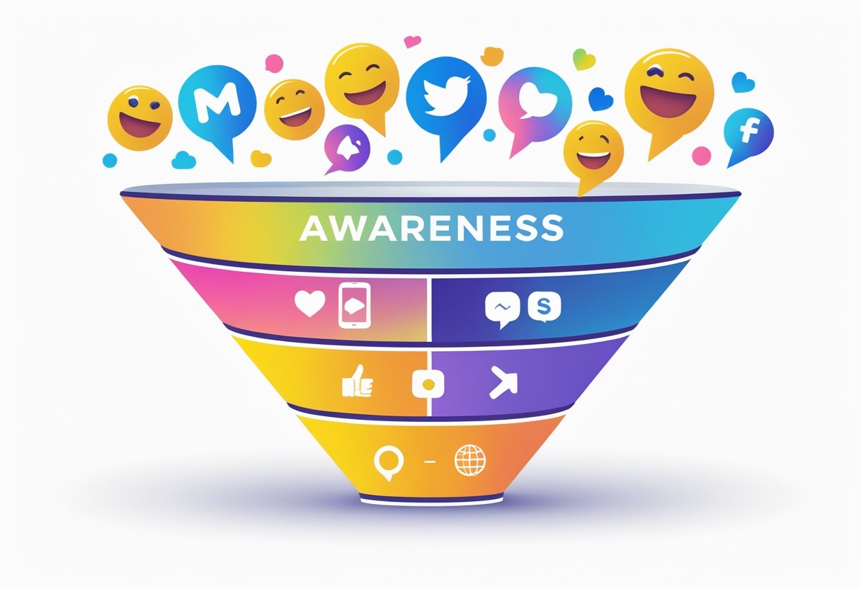 A colorful marketing funnel divided into three layers showing meme icons at the top, social media interaction symbols in the middle, and conversion icons at the bottom.