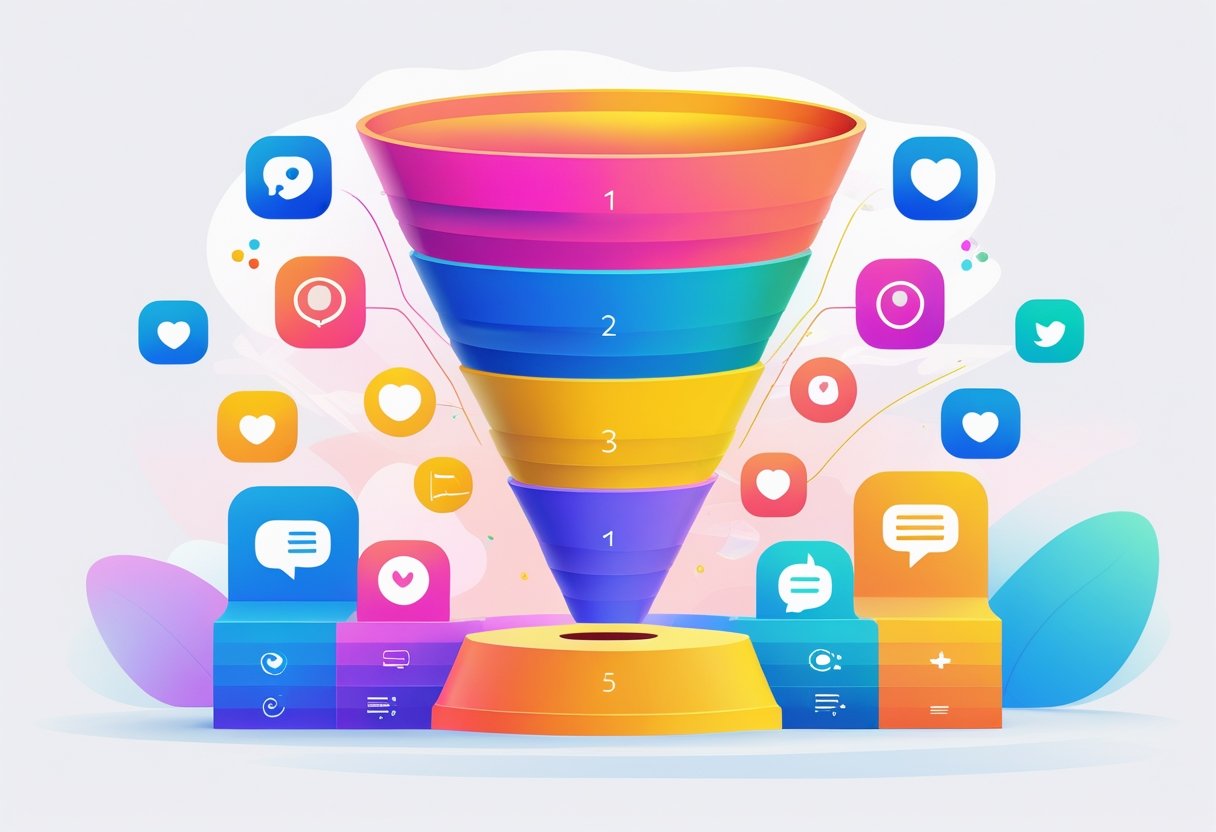 A vertical funnel divided into layers representing stages of a meme marketing process, surrounded by icons symbolizing social media interactions and digital engagement.