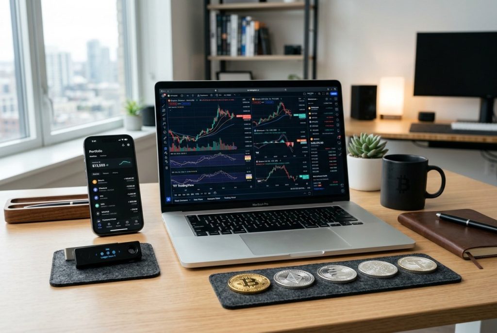A workspace with a laptop showing cryptocurrency charts, a smartphone with a crypto wallet app, a hardware wallet device, and physical cryptocurrency coins on a desk.