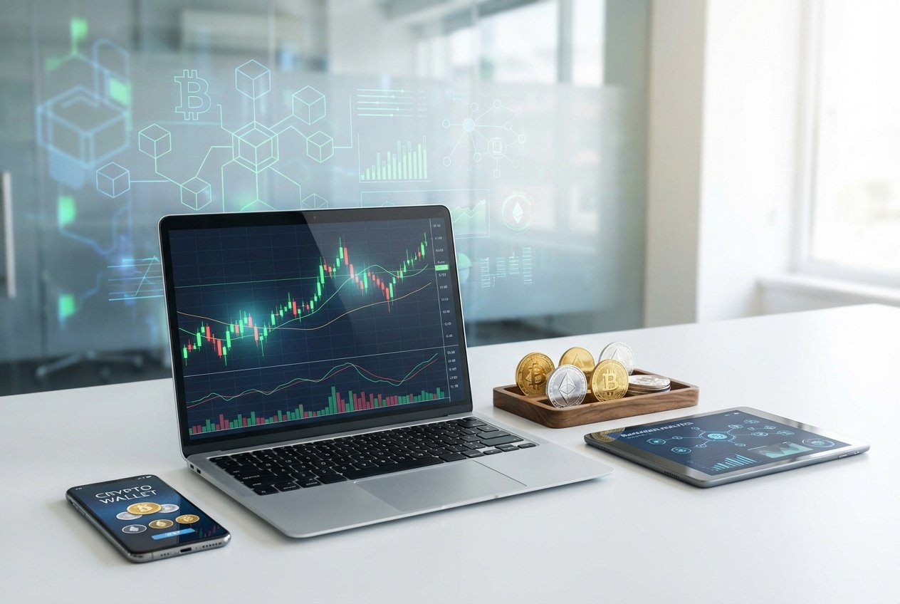 A workspace with a laptop, smartphone, and tablet showing cryptocurrency data, with physical crypto coins and digital blockchain graphics in the background.
