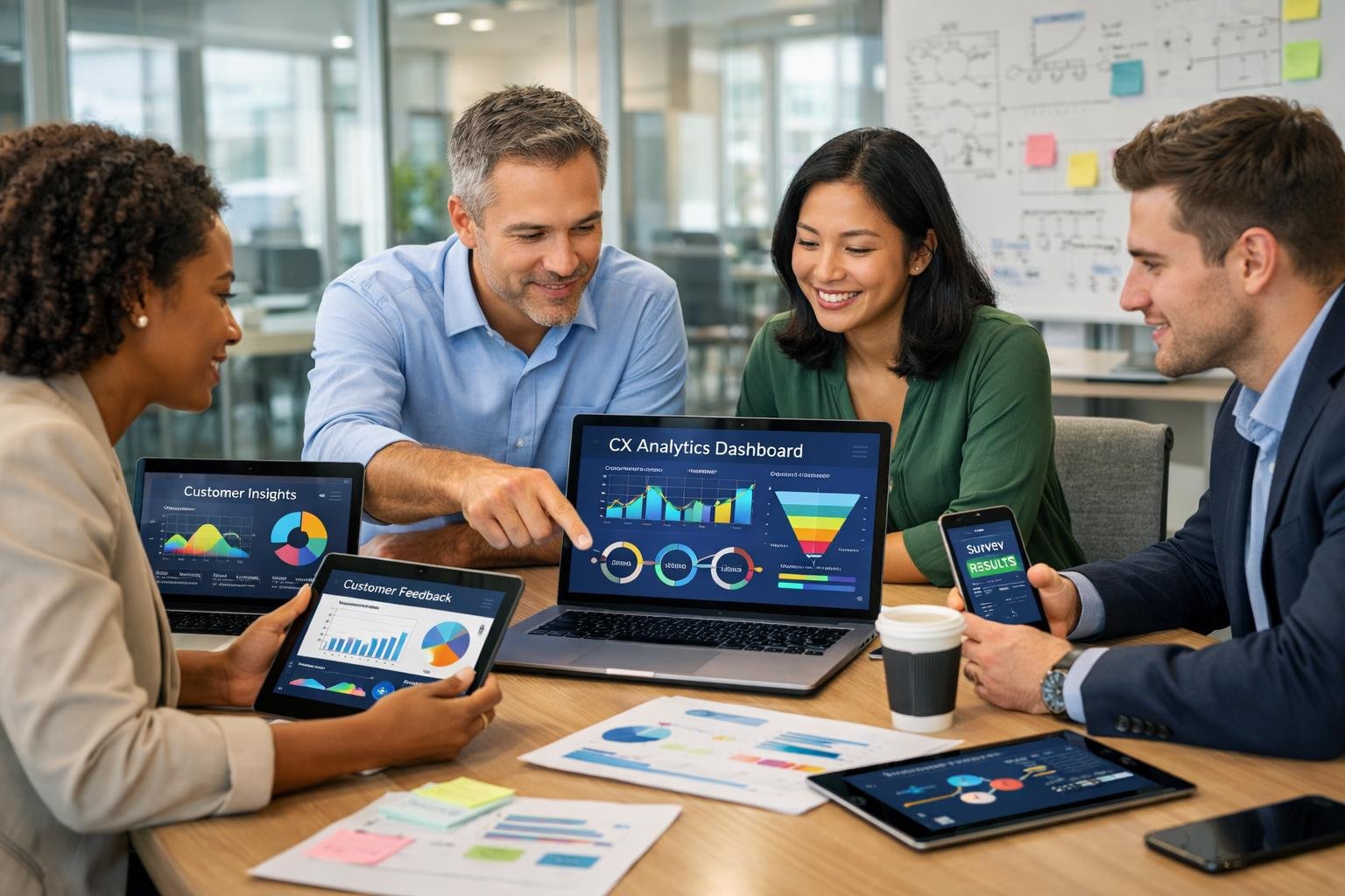 Business professionals collaborating around a table with laptops and tablets displaying customer data in a bright office.