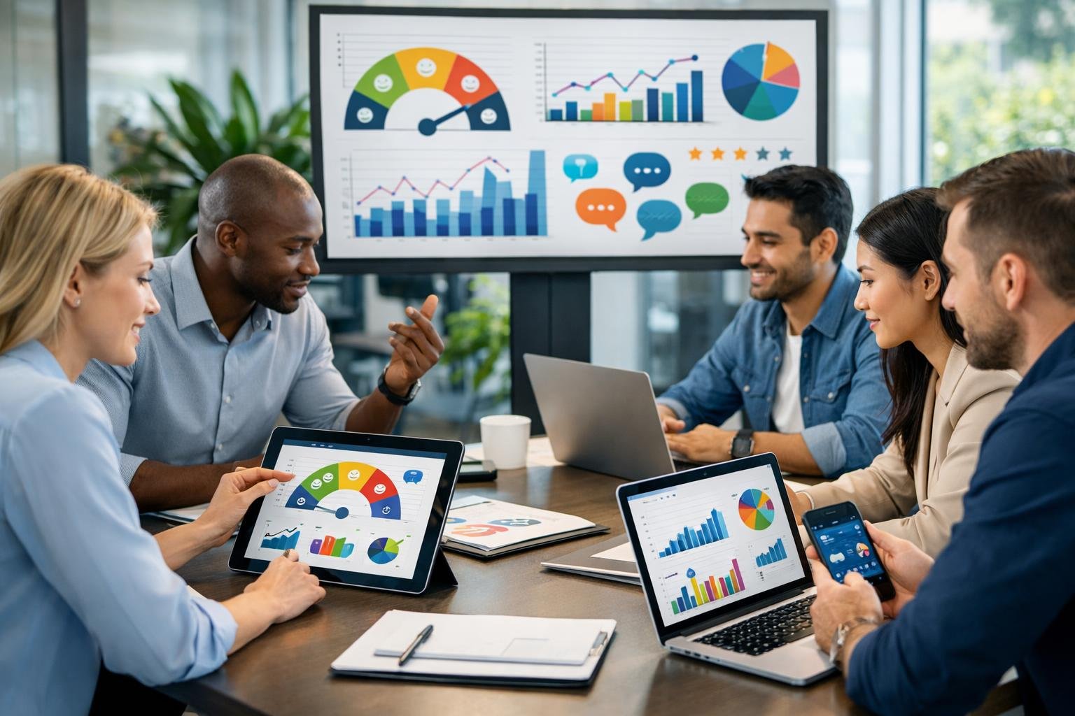 Business professionals collaborating around a table with digital devices displaying customer experience data in a modern office.