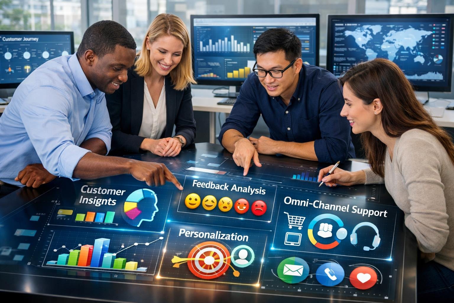 A group of professionals collaborating around a digital touchscreen table displaying graphs and customer data in a modern office.