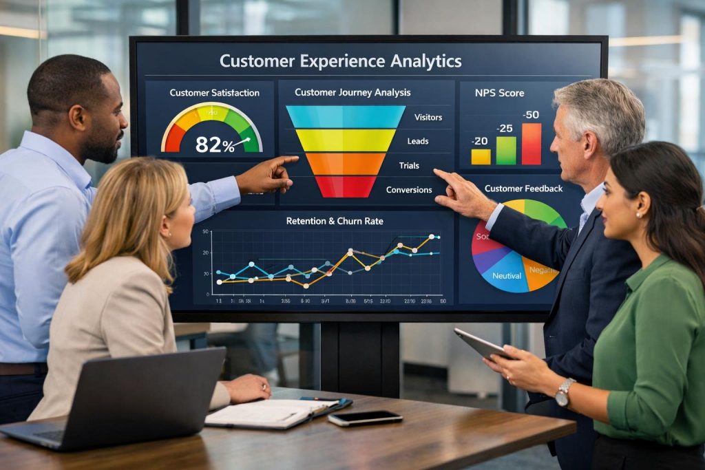 Business professionals collaborating around a digital touchscreen displaying customer data and charts in a modern office.