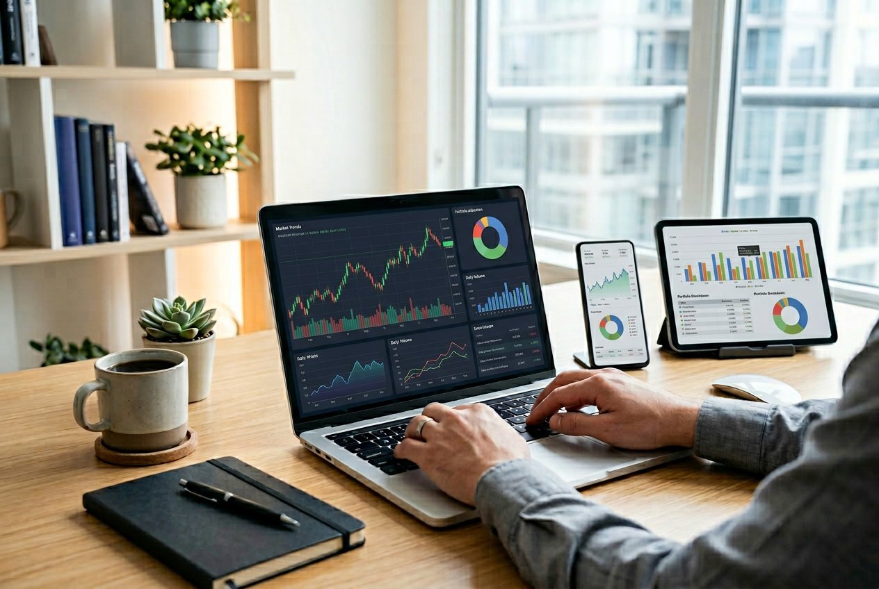 A modern workspace with a laptop, smartphone, and tablet displaying cryptocurrency charts and portfolio data on a clean desk.